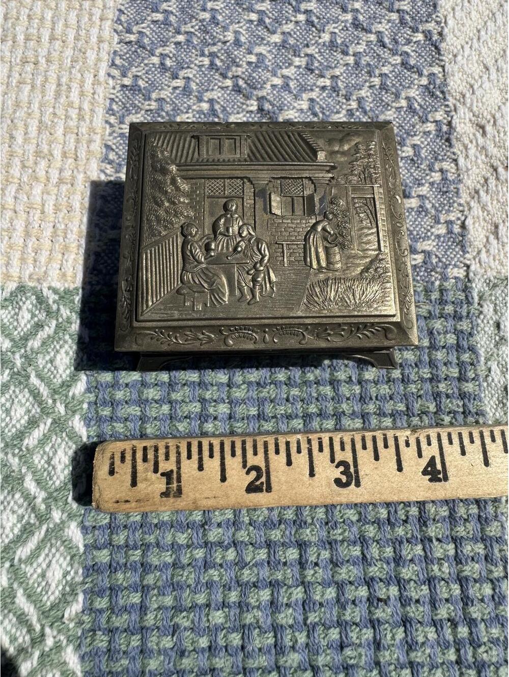 Vintage Metal Decorative Trinket Box with Raised Scene